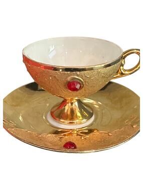 Vtg Rieber Mitterteich Bavaria Jeweled Gold Gilt Pedestal Teacup & Saucer German